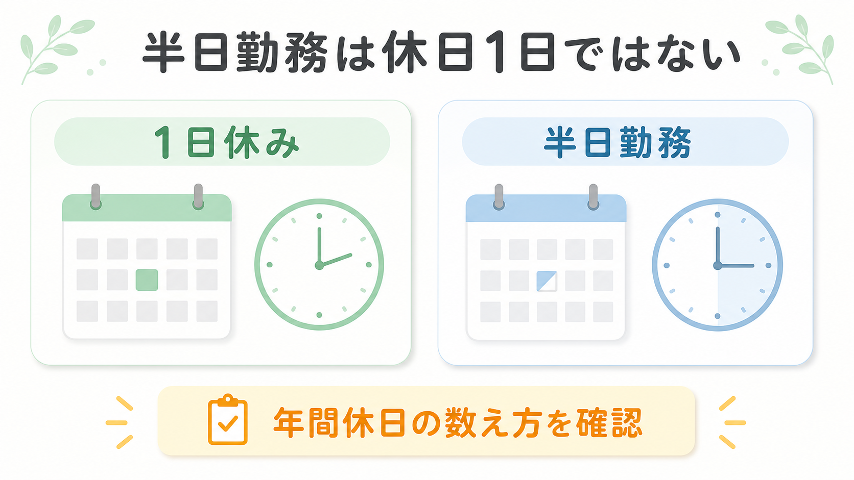 1日休みと半日勤務を比較し、半日勤務は休日1日ではないことを示す図解
