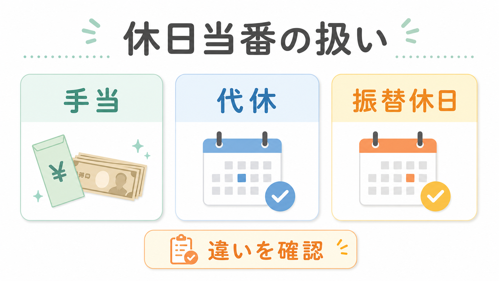 休日当番後の手当、代休、振替休日の違いを確認する図解