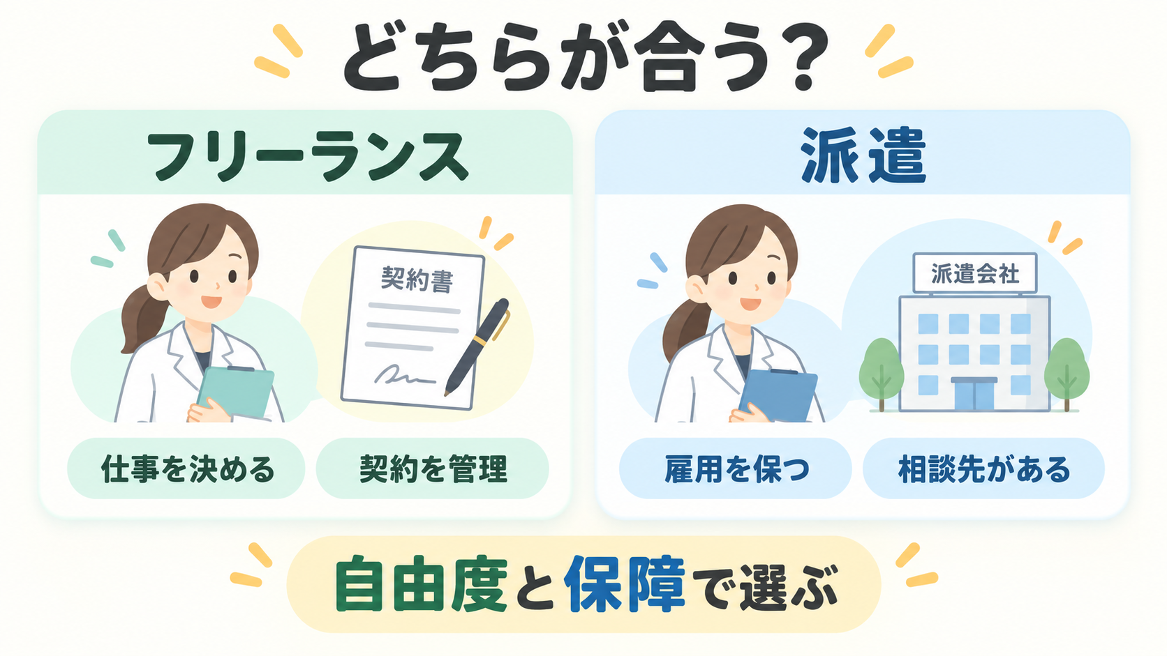 フリーランスと派遣のどちらが向くかを4項目で選ぶ図解