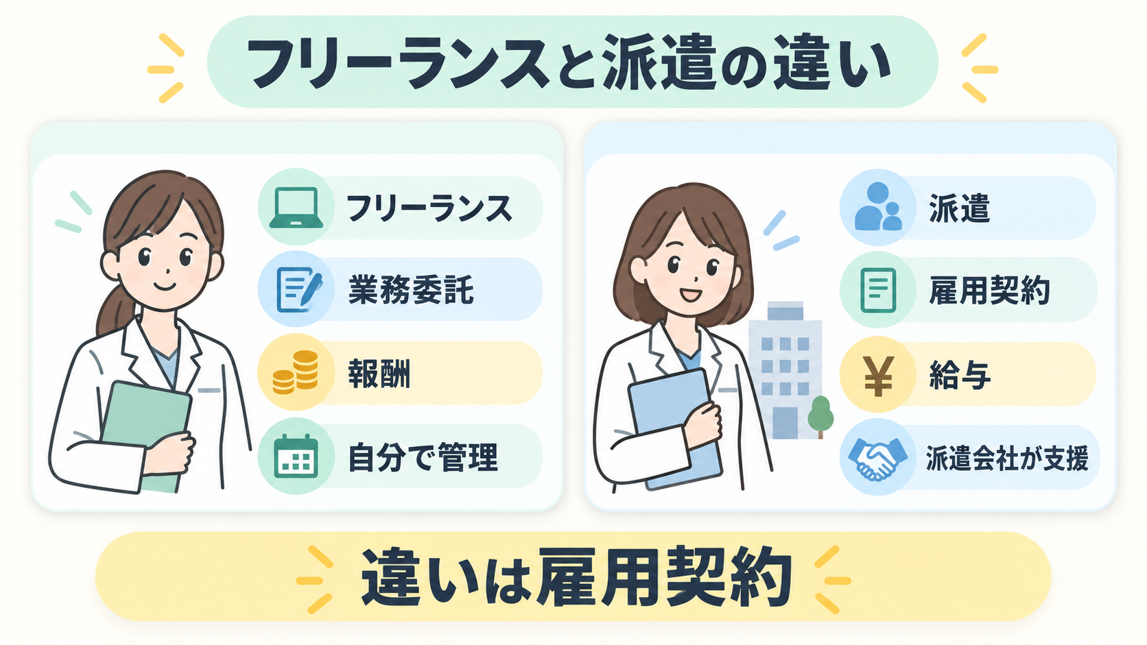 フリーランス薬剤師と派遣薬剤師の契約相手、収入、指示、保障の違い